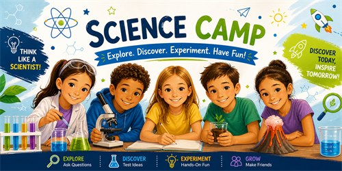 Five smiling students at a table with science tools under a ‘Science Camp’ banner promoting exploration and hands-on learning.